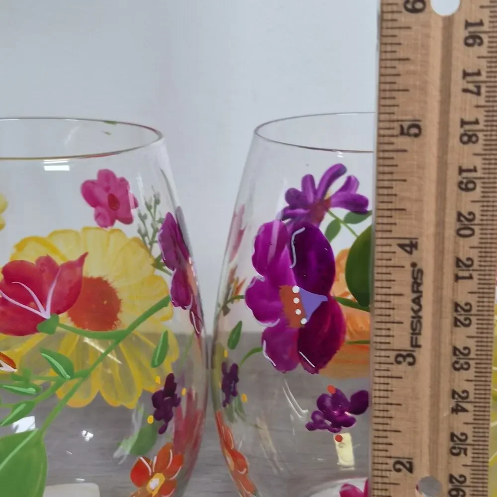 Pier 1 Stemless Wine Glasses Set of 2 Mouth Blown Painted Floral Summer Glasses